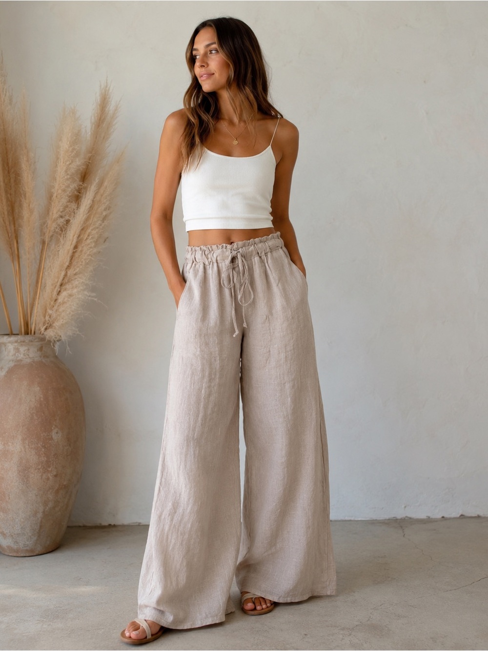 Gigi Moda Made in Italy 100% Linen Wide Leg Crop Pants Beige One Size